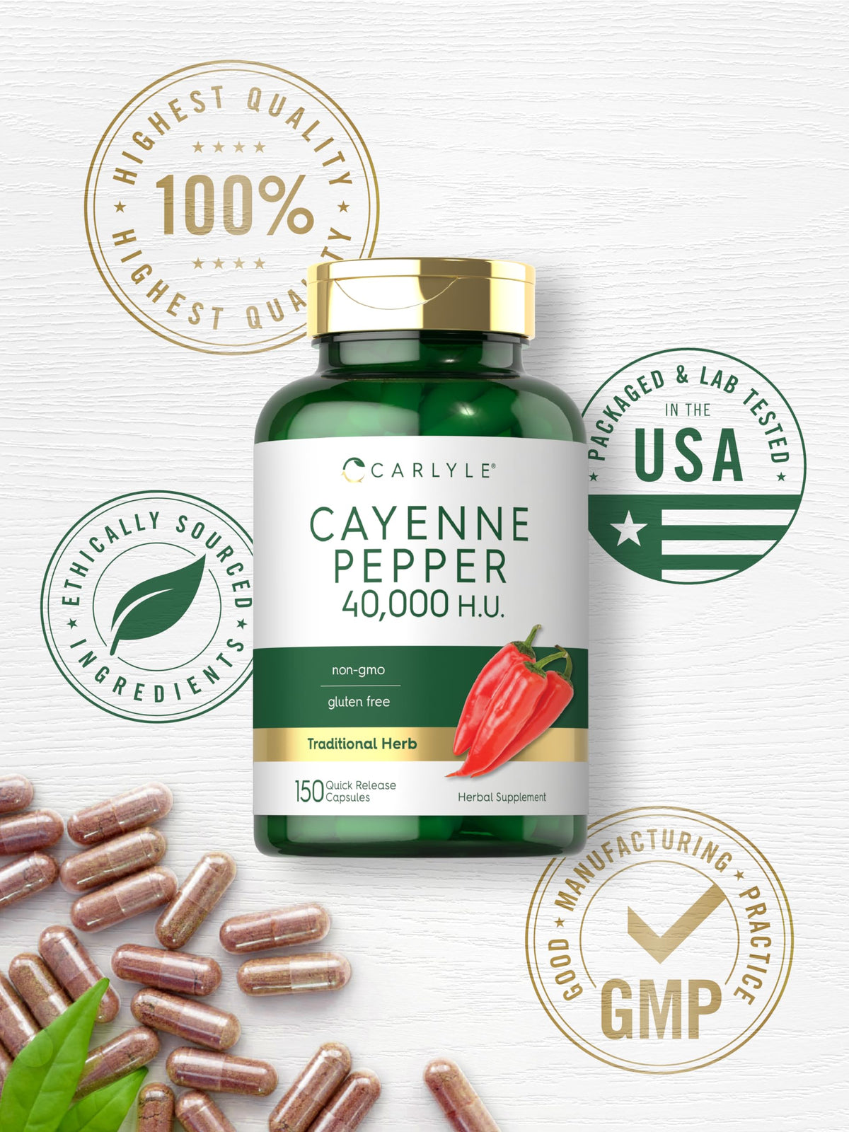 Vue de l'arrière de l'emballage des capsules de poivre de cayenne Carlyle