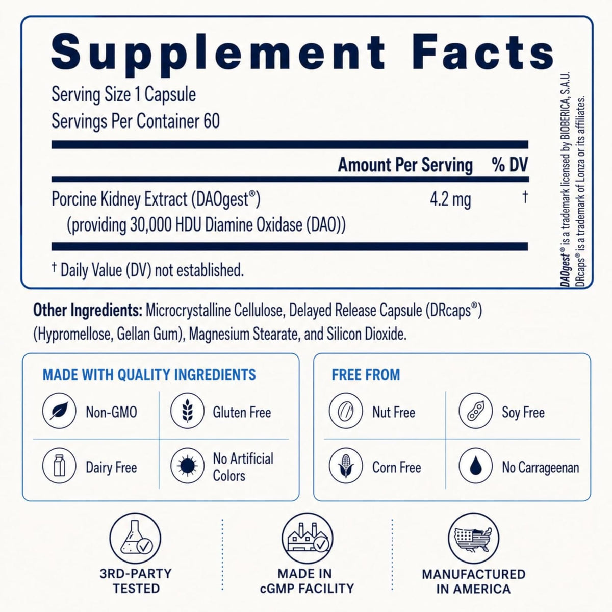 Vue de l'arrière de l'emballage Utzy Naturals DAO Ultra 60 capsules