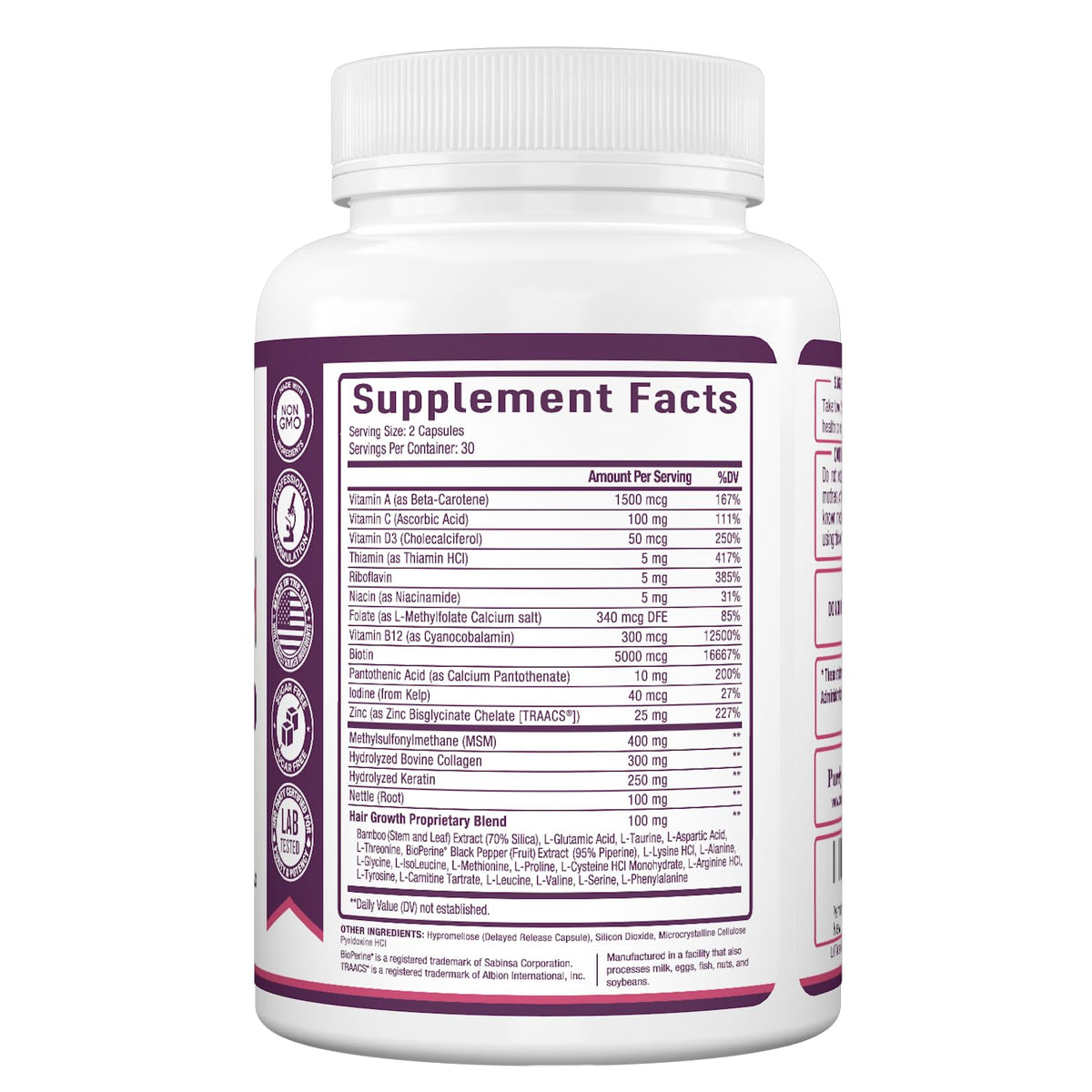 Vue de l'arrière de la boîte de vitamines de croissance capillaire Purely Optimal