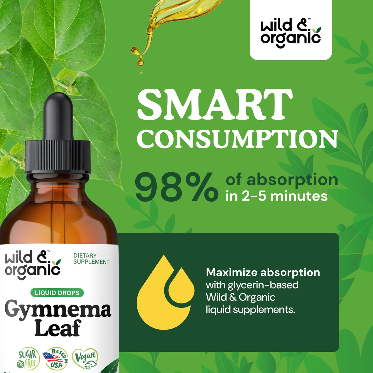 Vue de l'arrière de la bouteille d'extrait de gymnema sylvestre Wild & Organic