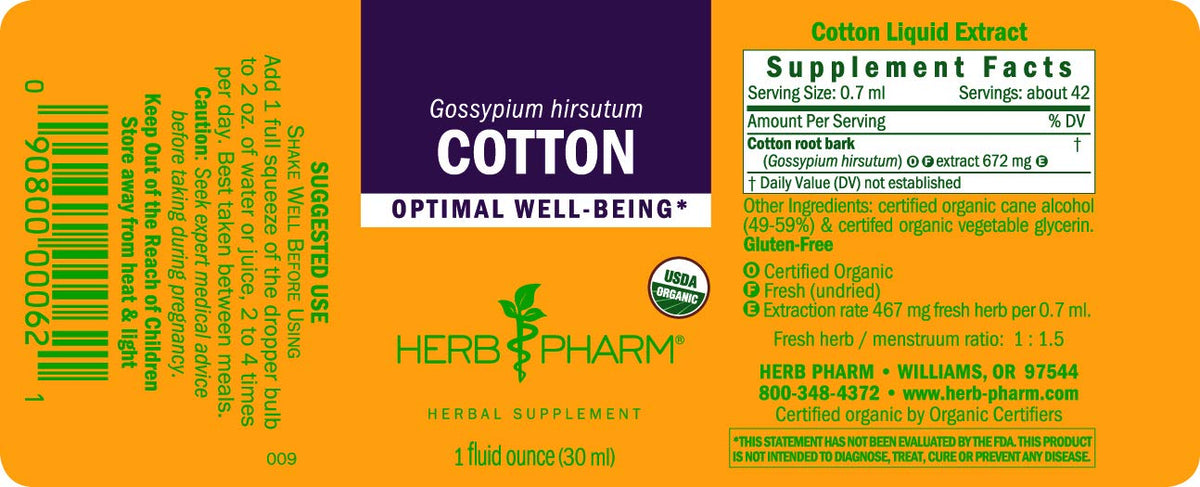 Vue de l'arrière de la bouteille d'extrait de racine de coton Herb Pharm