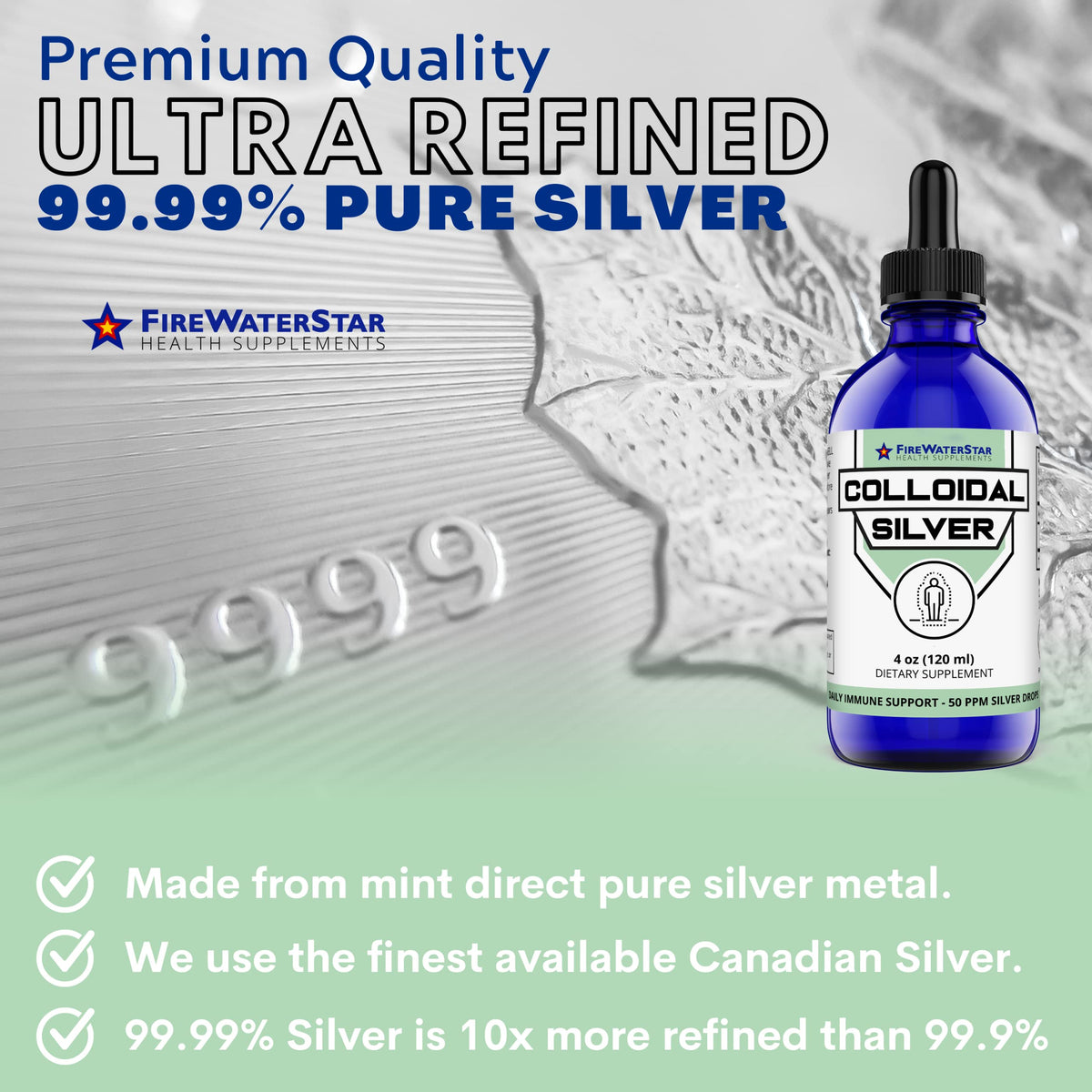 Vue de l'arrière de la bouteille de Colloidal Silver FIREWATERSTAR
