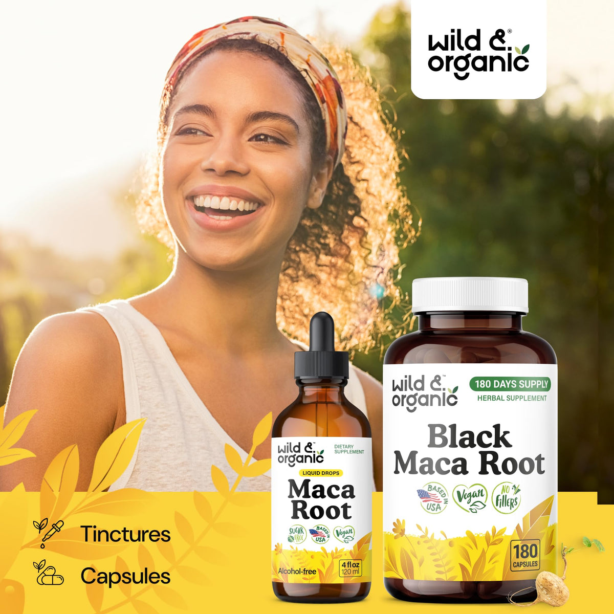 Vue de l'arrière de la bouteille de maca noire Wild & Organic