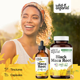Vue de l'arrière de la bouteille de maca noire Wild & Organic