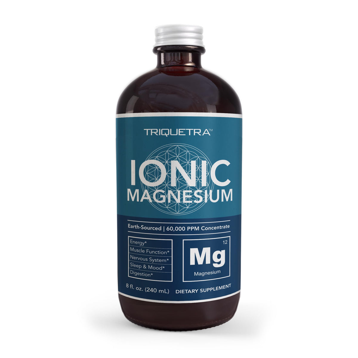 Vue de l'arrière de la bouteille de magnésium liquide Triquetra Health