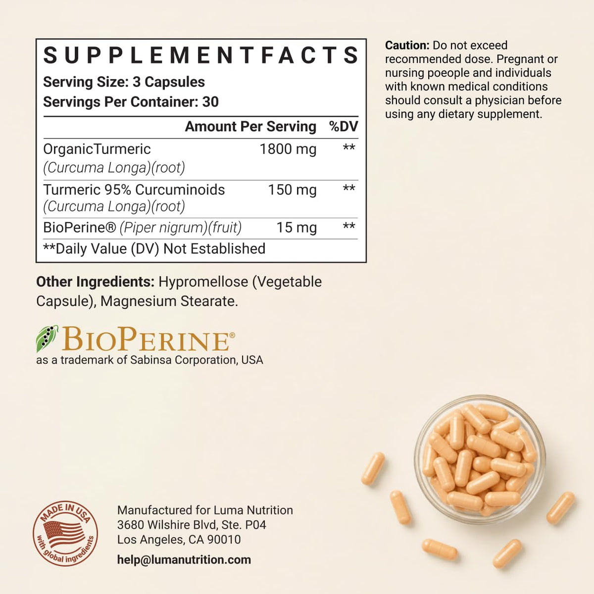 Vue de l'arrière de la bouteille Luma Nutrition Curcuma