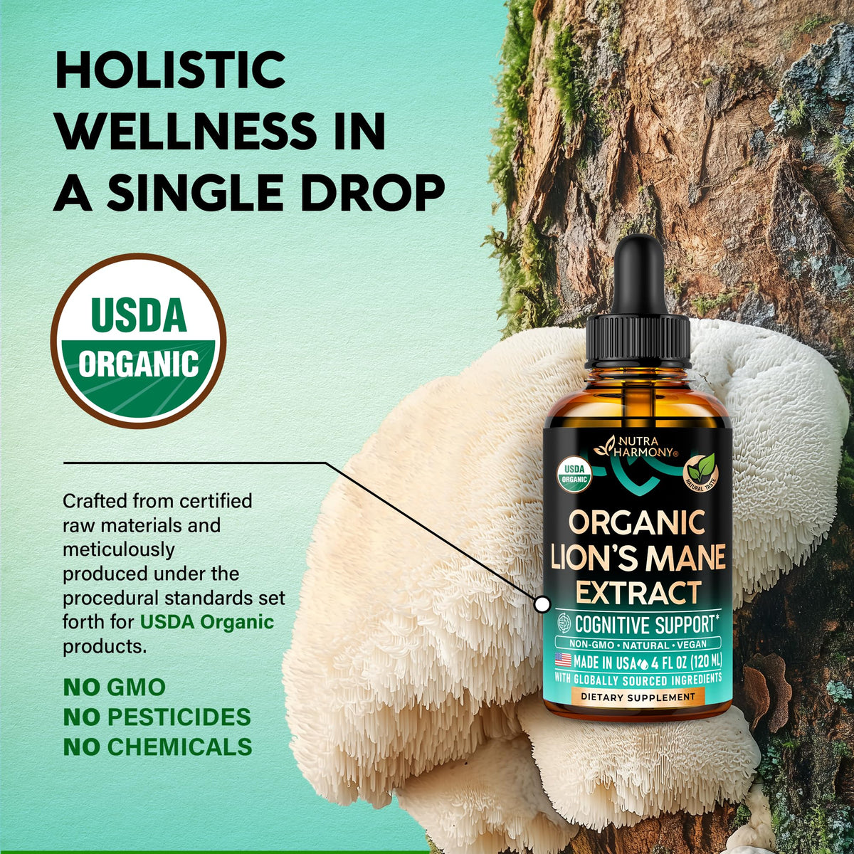 Vue de l'arrière de la bouteille NUTRAHARMONY Lion's Mane avec ingrédients listés