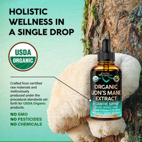 Vue de l'arrière de la bouteille NUTRAHARMONY Lion's Mane avec ingrédients listés