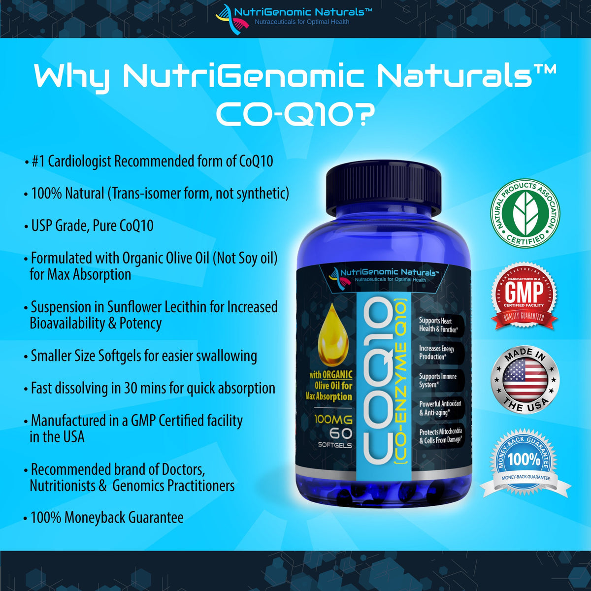 Vue de l'arrière de la bouteille NutriGenomic Naturals CoQ10