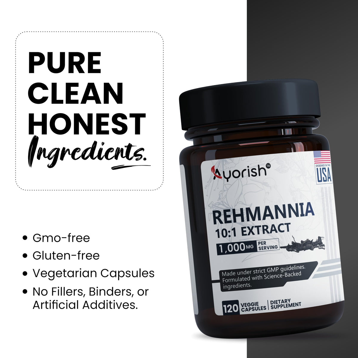 Vue de l'arrière du flacon Ayorish de Rehmannia 1000mg