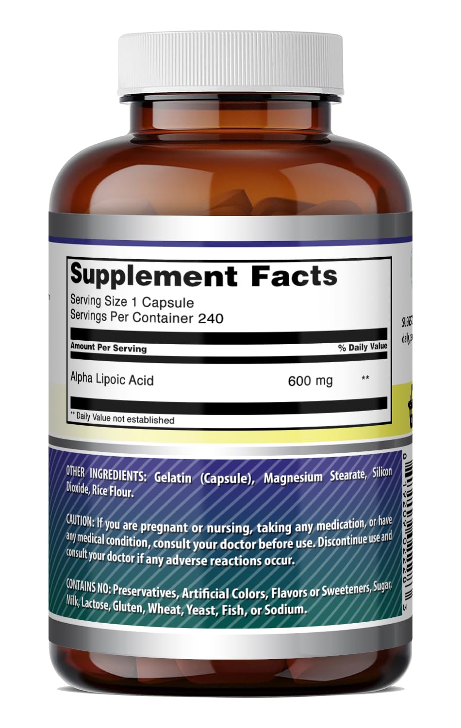 Vue de l'arrière du flacon d'Acide Alpha Lipoïque Amazing Nutrition