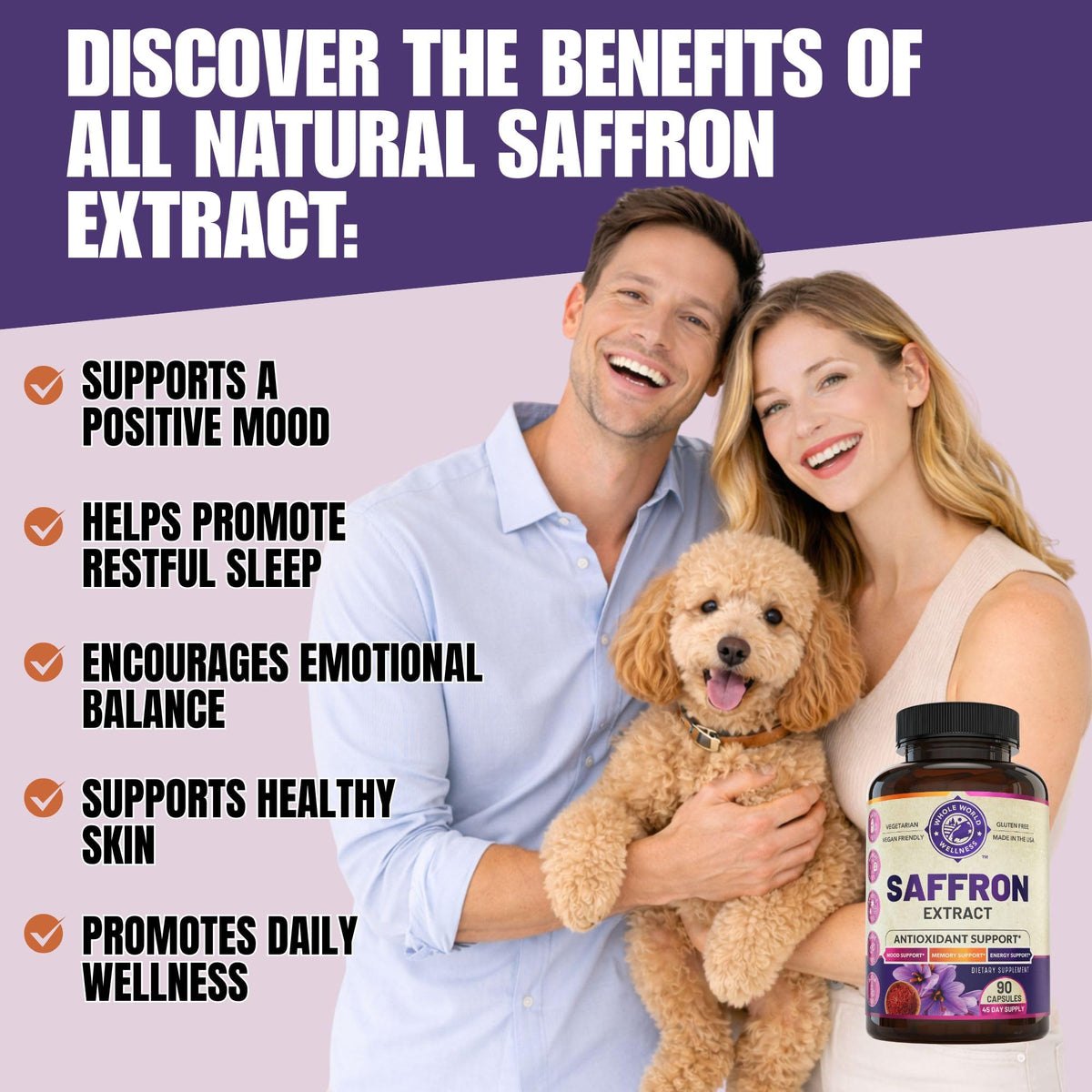 Vue de l'arrière du flacon d'extrait de safran pur WHOLE WORLD WELLNESS