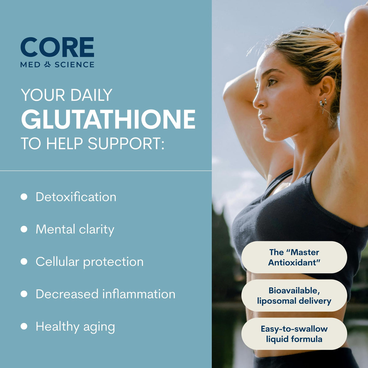 Vue de l'arrière du flacon de glutathion liposomal Core Med Science