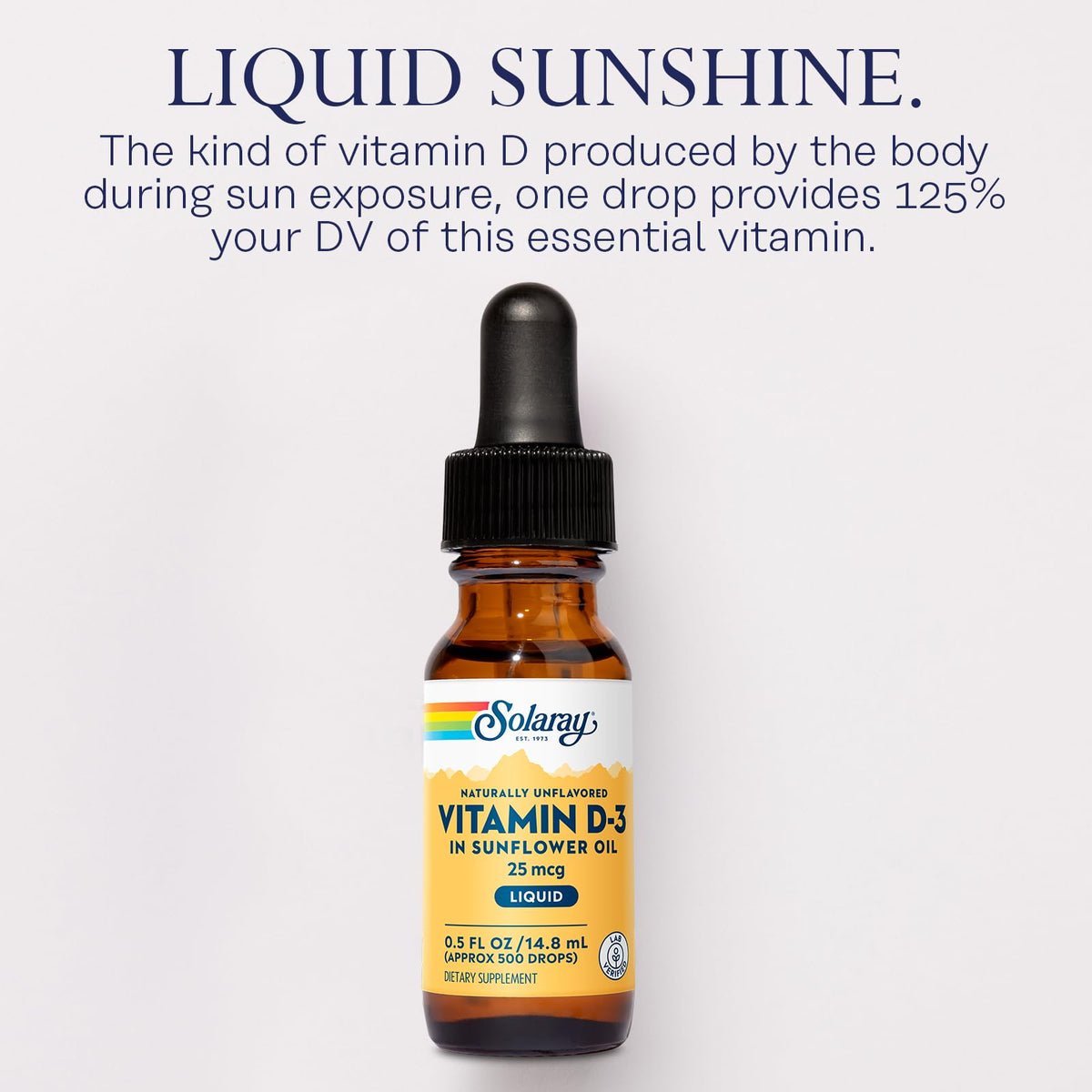 Vue de l'arrière du flacon de Gouttes de Vitamine D3 SOLARAY