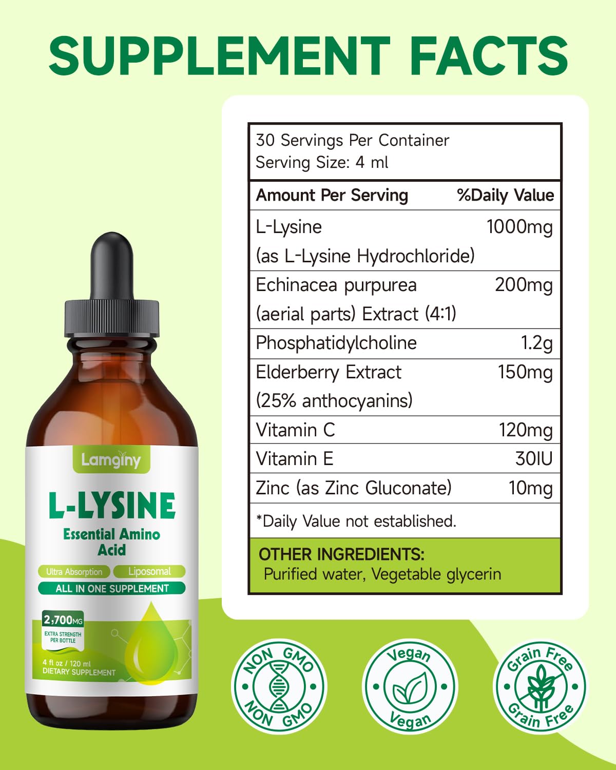 Vue de l'arrière du flacon de L-Lysine 1000mg