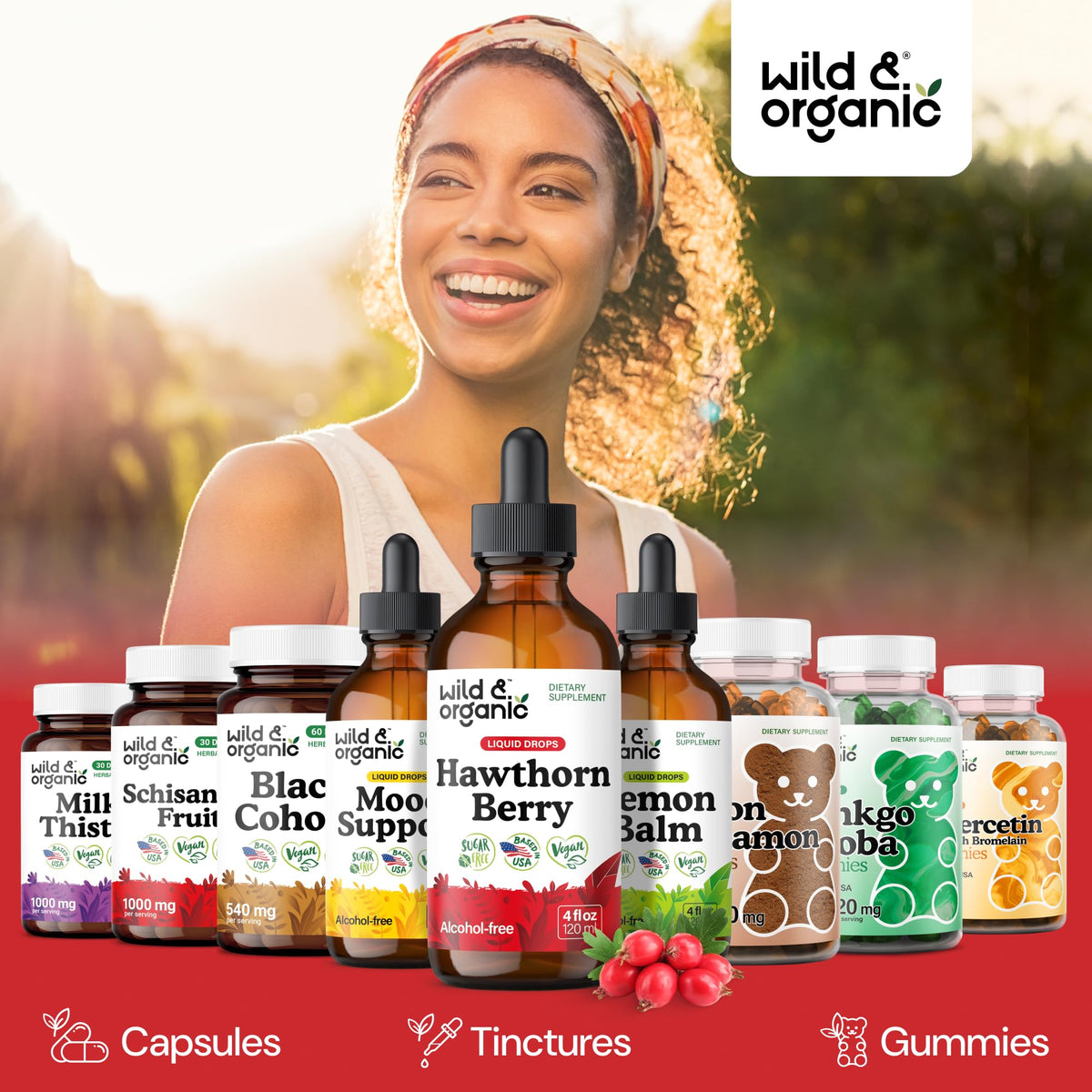 Vue de l'arrière du flacon de teinture de baies de glauque Wild & Organic