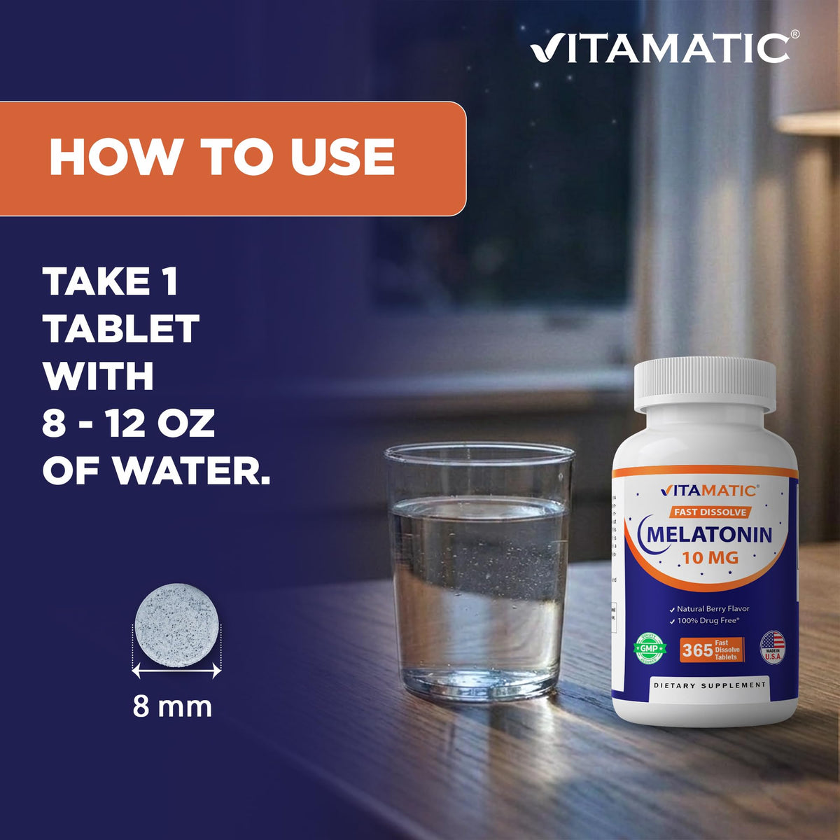 Vue de l'arrière du flacon Vitamatic Mélatonine 10 mg
