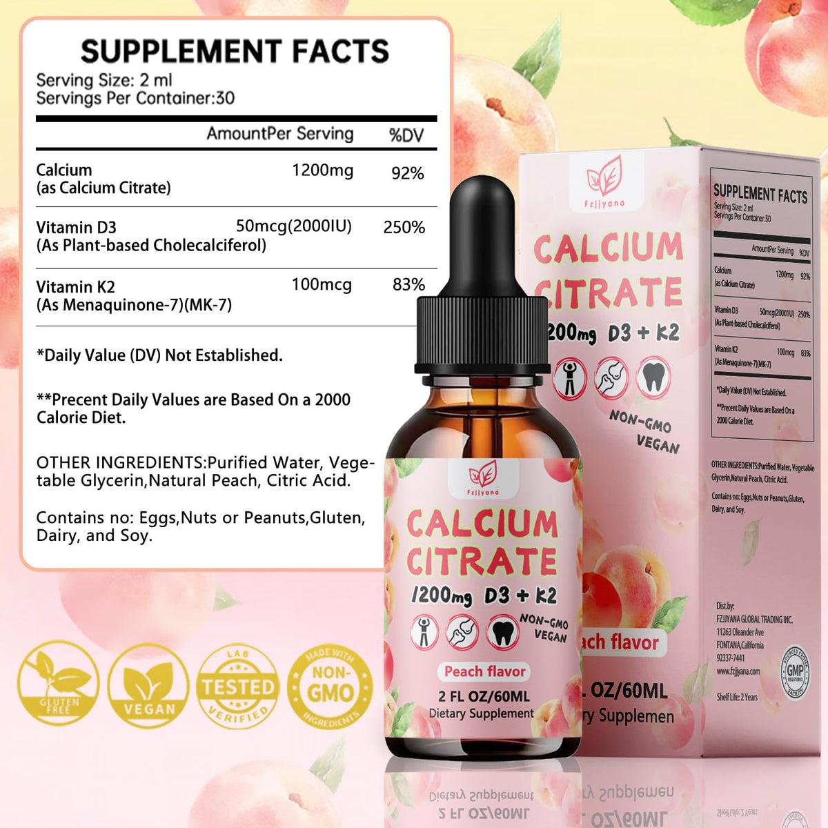 Vue de l'emballage des gouttes de calcium citrate Fzjjyana