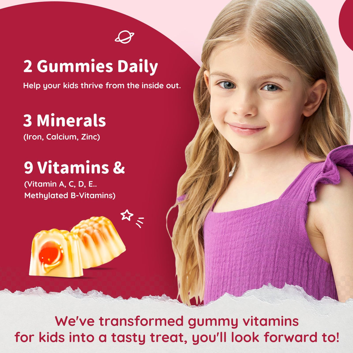 Vue de l'emballage des gummies de fer ReviNutra pour enfants