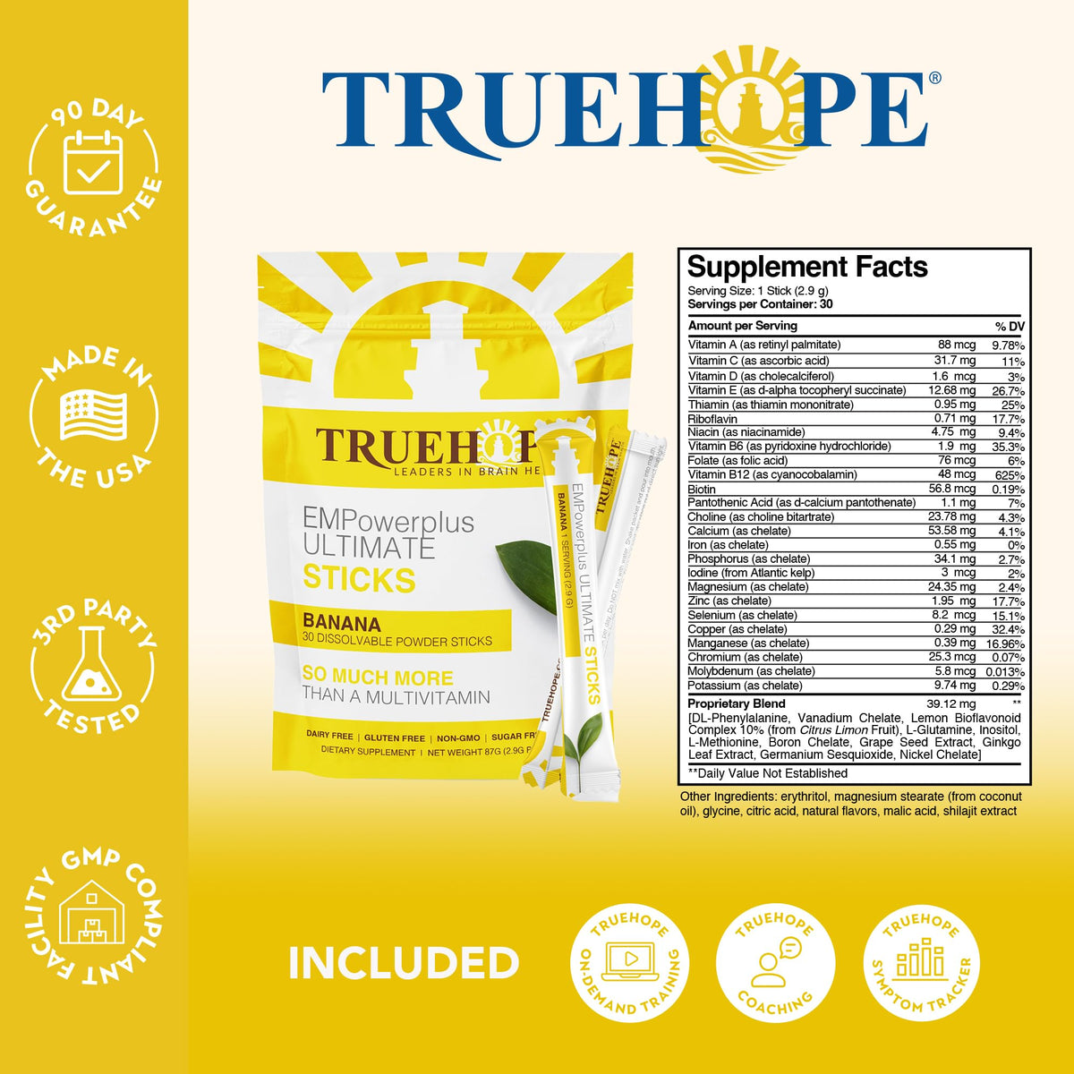 Vue de l'emballage des sachets Truehope avec ingrédients visibles