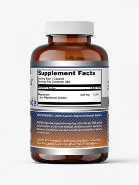 Vue de l'emballage du complément Magnésium Oxyde 500 Mg d'Amazing Nutrition.