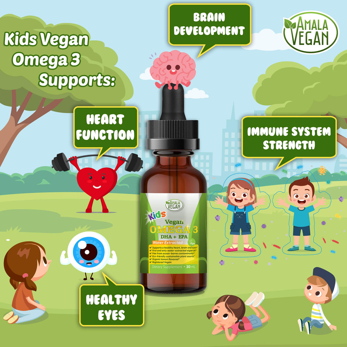 Vue de l'étiquette d'Amala Vegan Omega 3 pour enfants, ingrédients et dosage