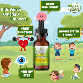Vue de l'étiquette d'Amala Vegan Omega 3 pour enfants, ingrédients et dosage