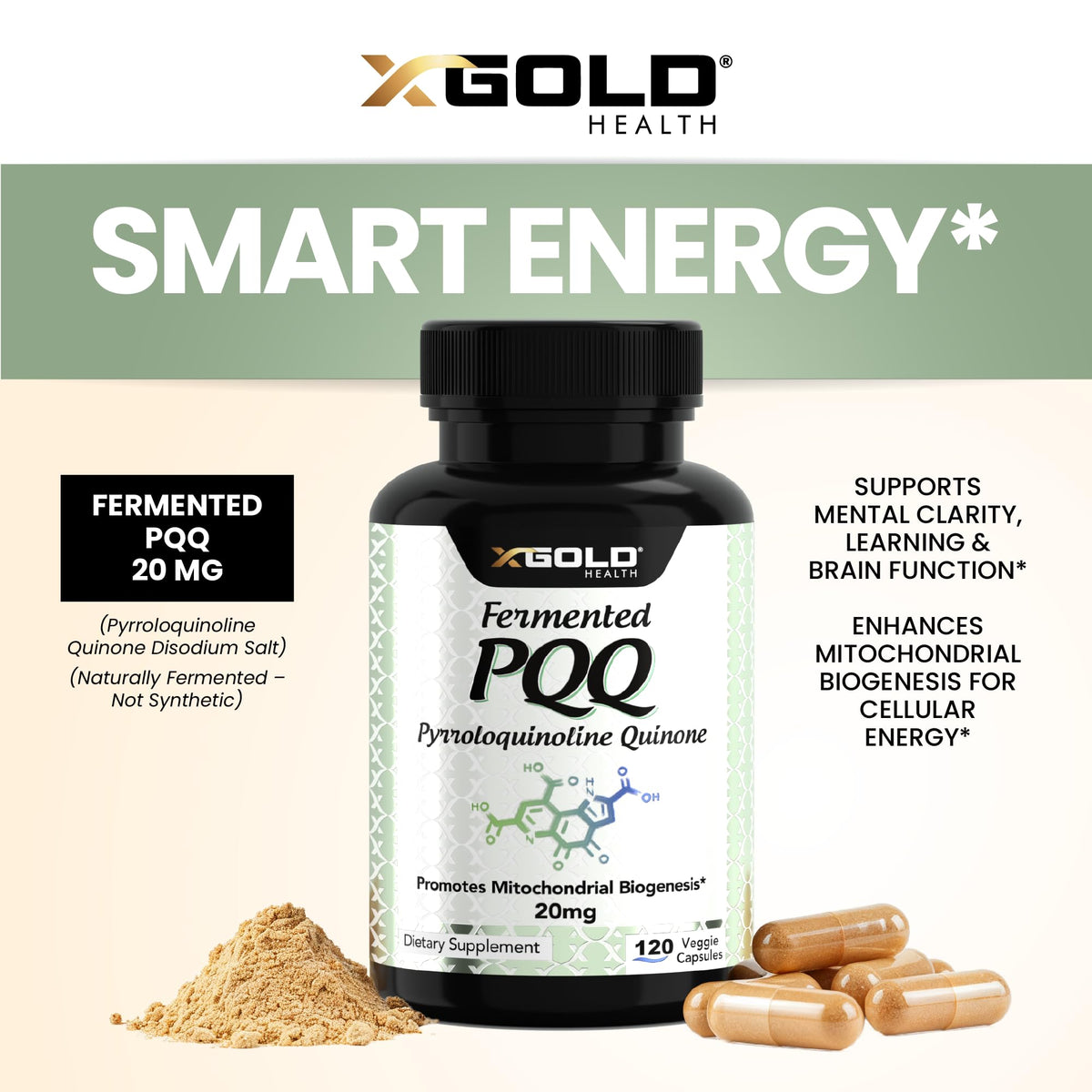 Vue de l'étiquette de la bouteille de PQQ fermenté X Gold Health