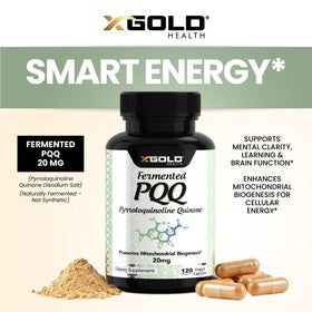 Vue de l'étiquette de la bouteille de PQQ fermenté X Gold Health