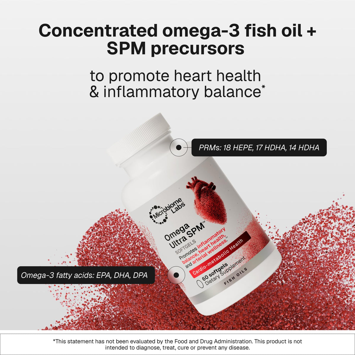 Vue de l'étiquette de Microbiome Labs Omega Ultra SPM Huile de Poisson