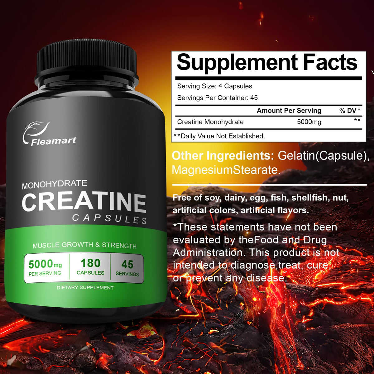 Vue de l'étiquette des capsules de créatine monohydrate Fleamart