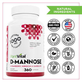 Vue de l'étiquette des capsules Plantvital D-Mannose 1000mg avec informations nutritionnelles