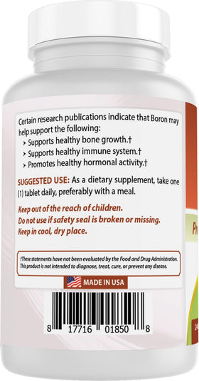 Vue de l'étiquette des compléments Boron 5 mg de Best Naturals