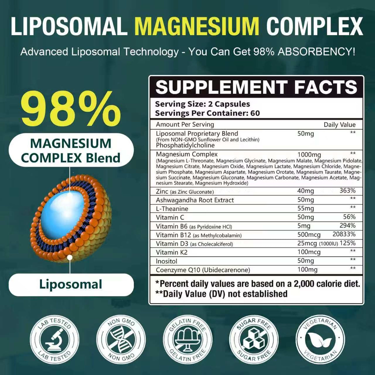 Vue de l'étiquette du complexe de magnésium liposomal 29 en 1