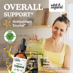 Vue de l'étiquette du flacon d'extrait de racine d'arjuna Wild & Organic