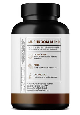 Vue de l'étiquette du flacon de capsules de champignon lion Ultra6 Nutrition