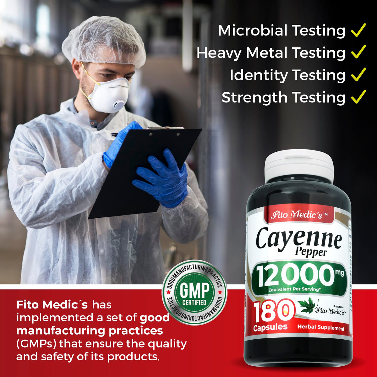 Vue de l'étiquette du flacon de capsules de poivre de cayenne FITO MEDIC'S