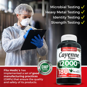 Vue de l'étiquette du flacon de capsules de poivre de cayenne FITO MEDIC'S