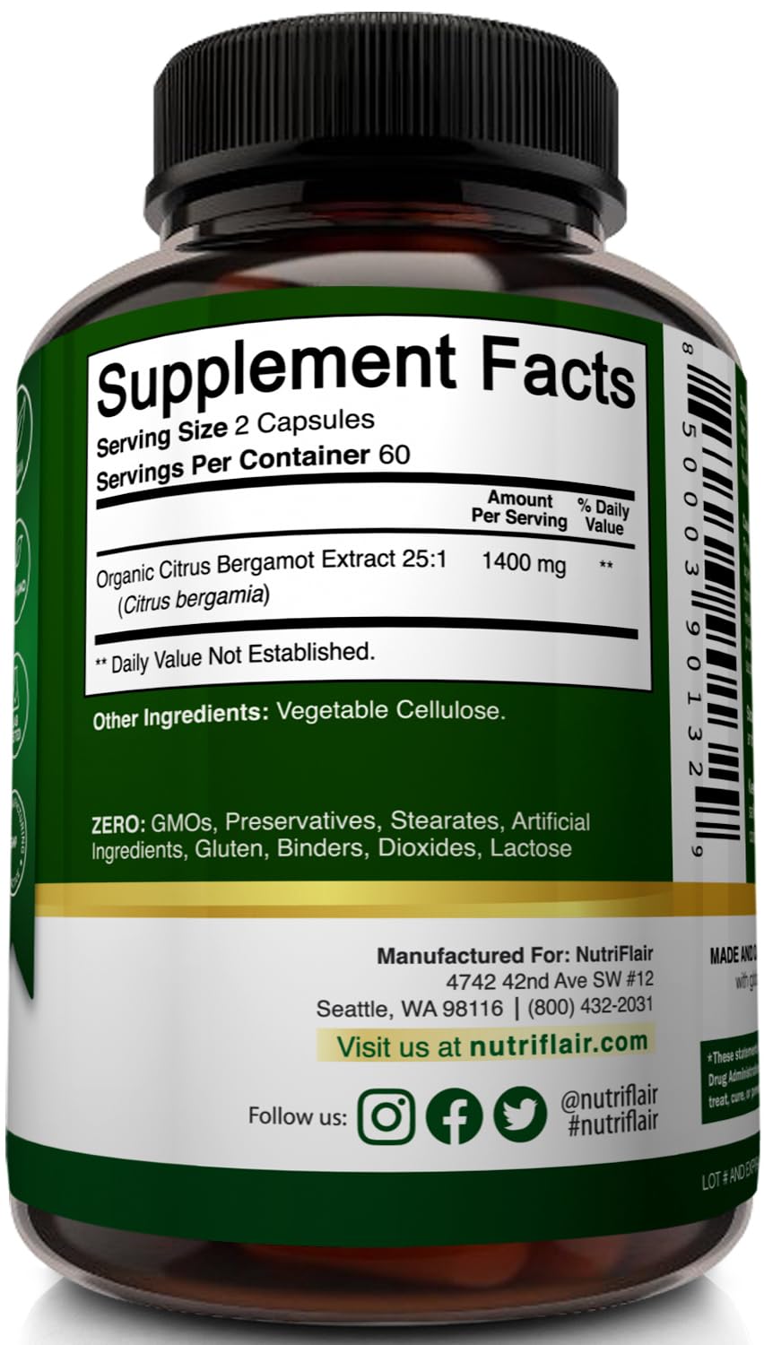 Vue de l'étiquette du flacon de NutriFlair Citrus Bergamot 1400mg