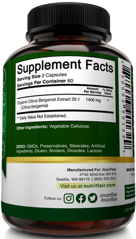 Vue de l'étiquette du flacon de NutriFlair Citrus Bergamot 1400mg