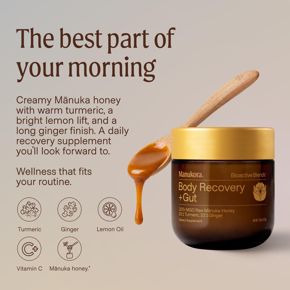 Vue de l'étiquette du miel de Manuka 225g de Manukora
