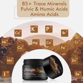 Vue de l'étiquette du pot de résine de shilajit Hima Shilajatu