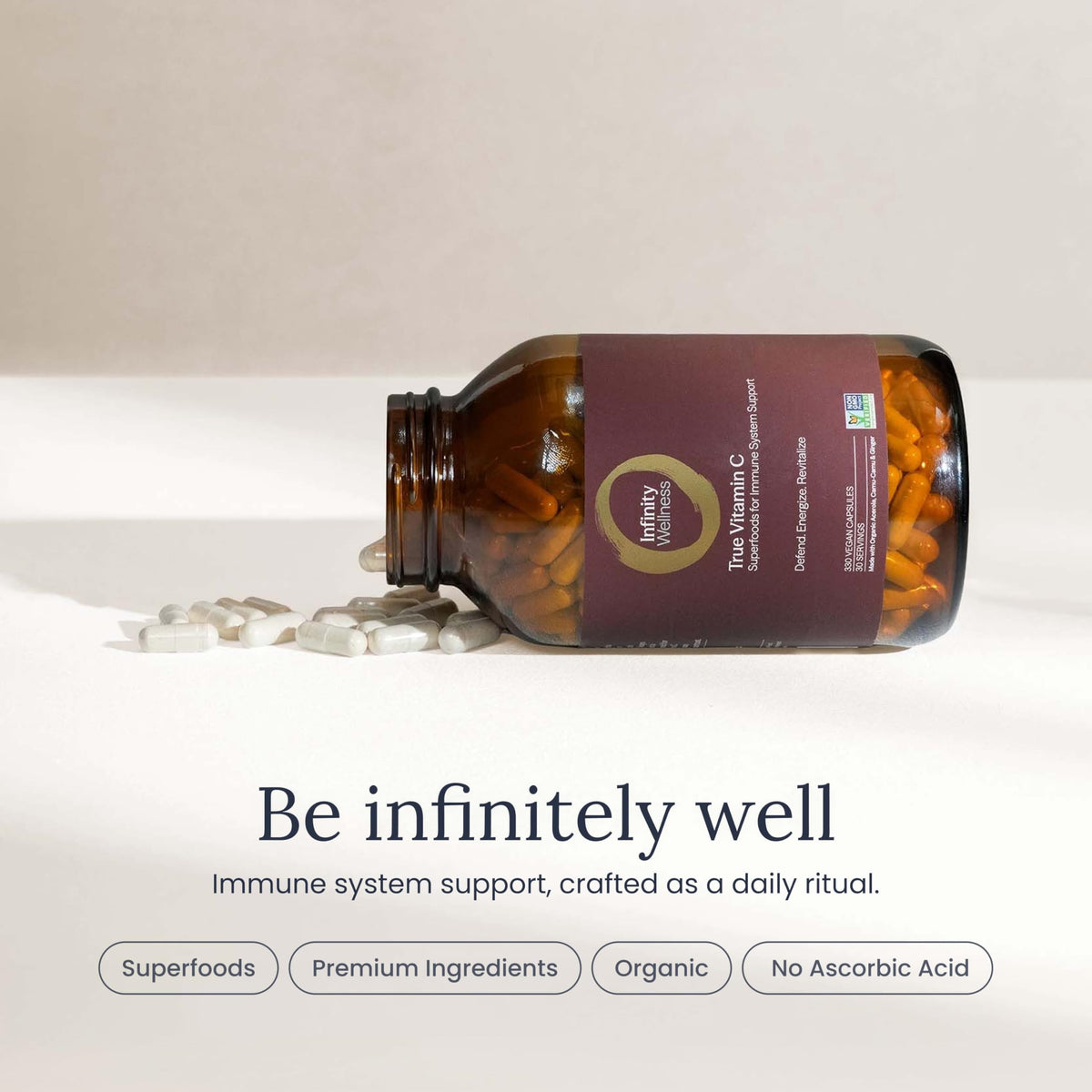 Vue de l'étiquette du pot de vitamine C Infinity Greens