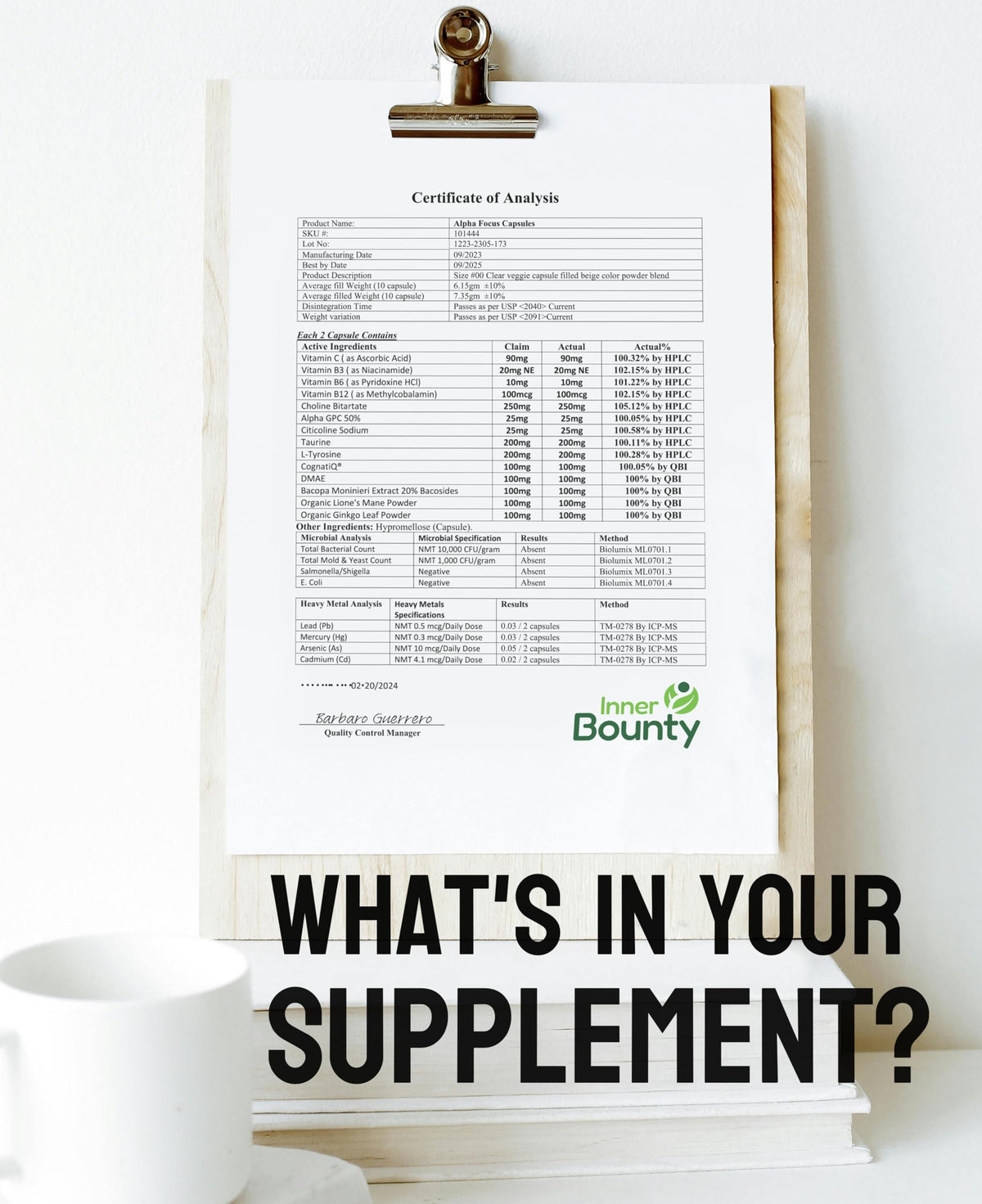 Vue de la boîte de complément Inner Bounty 14-en-1 avec informations nutritionnelles