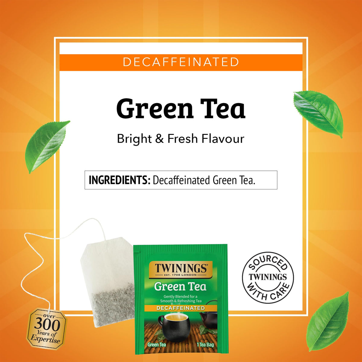 Vue de la boîte de thé vert décaféiné Twinings