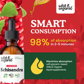 Vue de la bouteille d'extrait de baies de schisandra Wild & Organic avec le bouchon ouvert