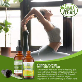 Vue de la bouteille d'Omega 3 Végétal Amala Vegan avec gouttes