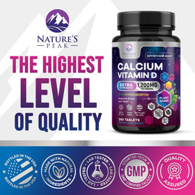 Vue de la bouteille de Calcium 1200 mg avec Vitamine D3 sur une table