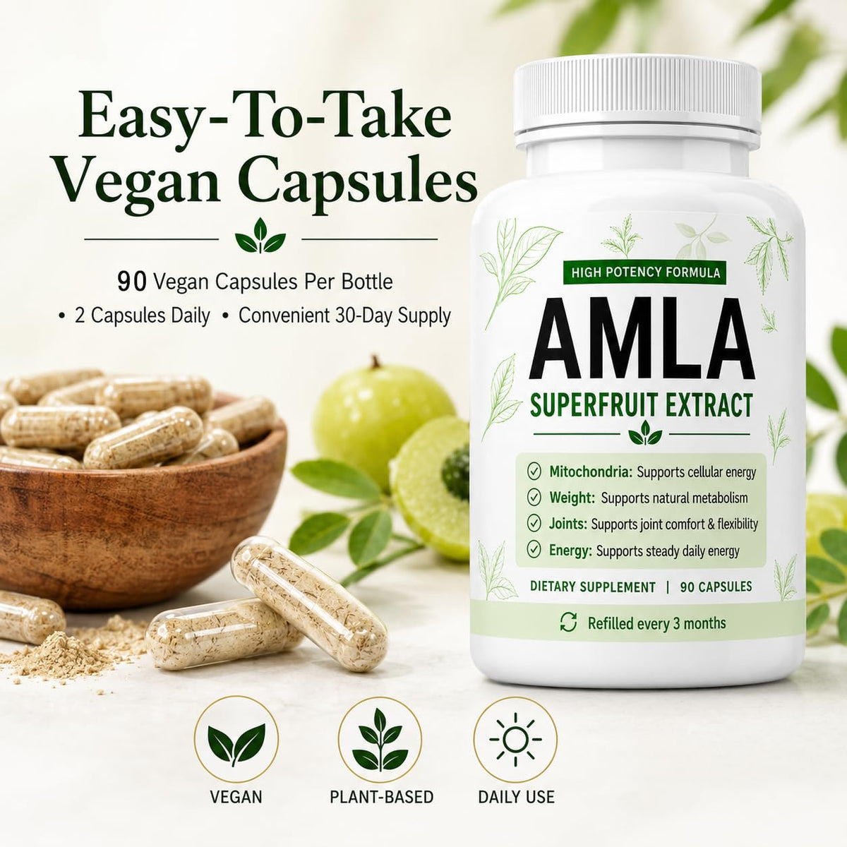 Vue de la bouteille de capsules d'Amla bio linnavarv avec lumière naturelle