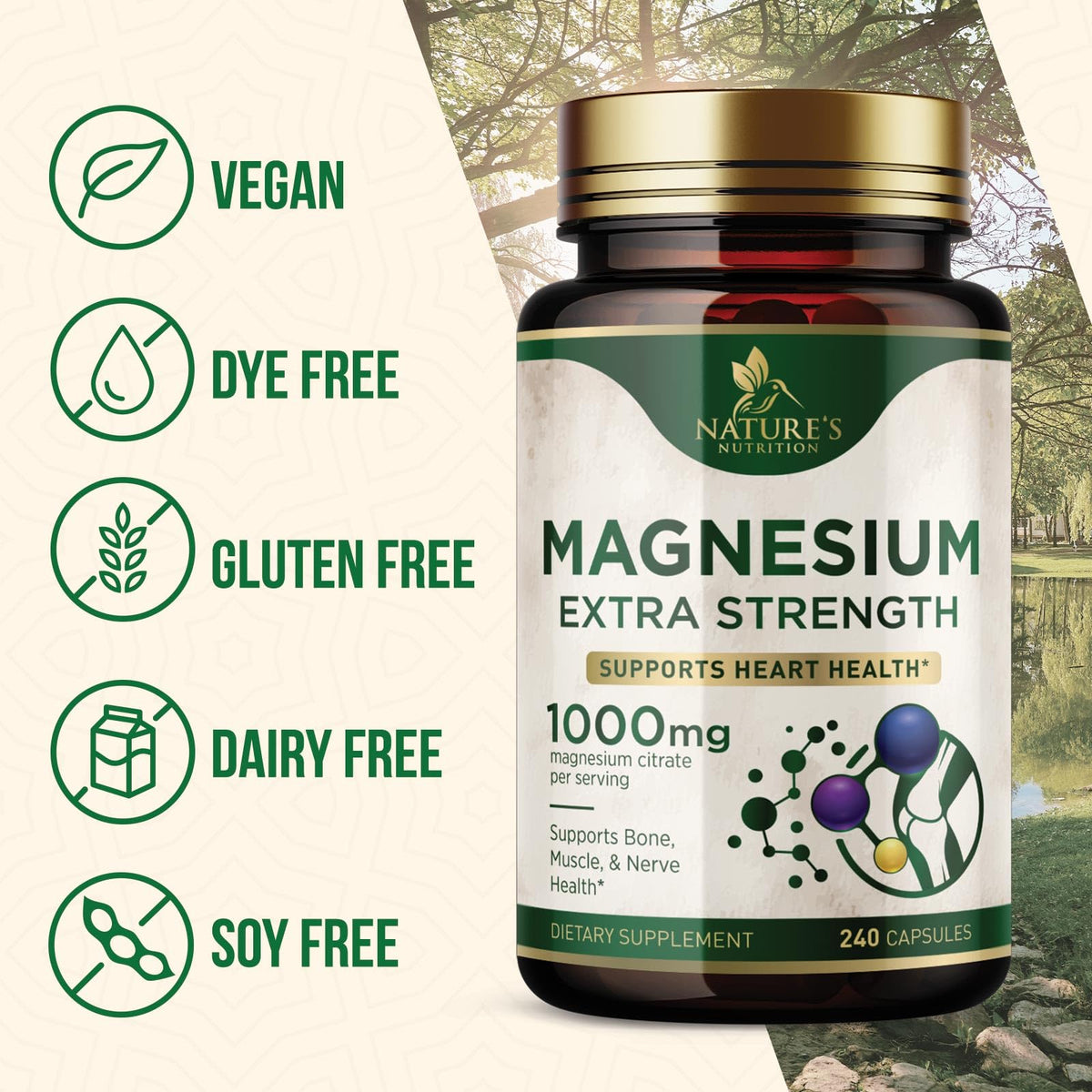 Vue de la bouteille de citrate de magnésium Nature's Nutrition avec dosage
